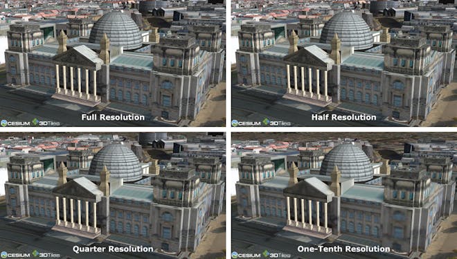 Reichstag building from CityGML dataset of 540,000 textured Berlin buildings, tiled with the best visual quality at all levels of detail.