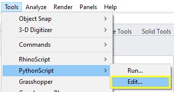 Cesium for Omniverse McNeel Rhino tutorial: Go to Tools > PythonScript > Edit to display the Rhino Python Editor.