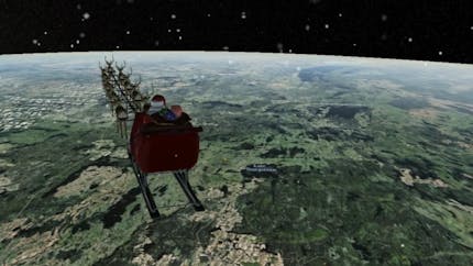 NORAD Tracks Santa app: view of Santa, sleigh, and reindeer over the globe. Snowflakes are falling, and the sky is dark.