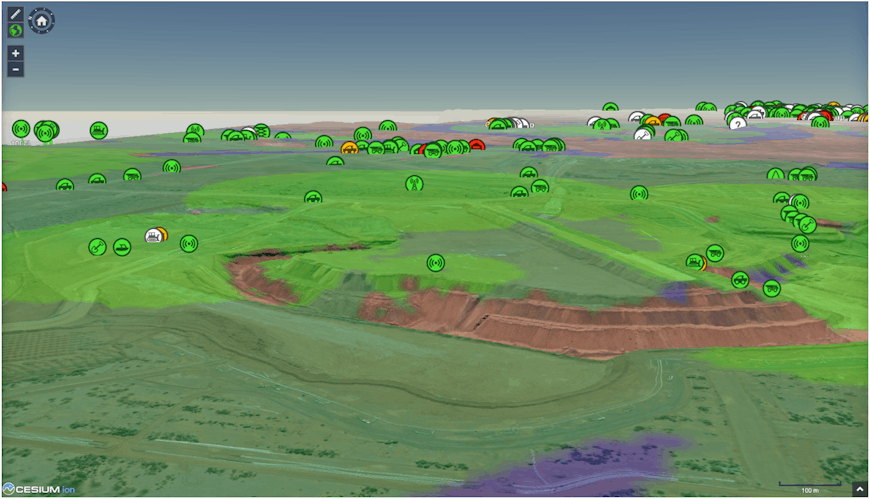 Icons representing mining assets shown on 3D terrain