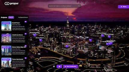 Aerial view of Dubai at night in PropVR's Cesium for Unreal app with yellow-lined roads, black buildings with white lit windows, and purple labels