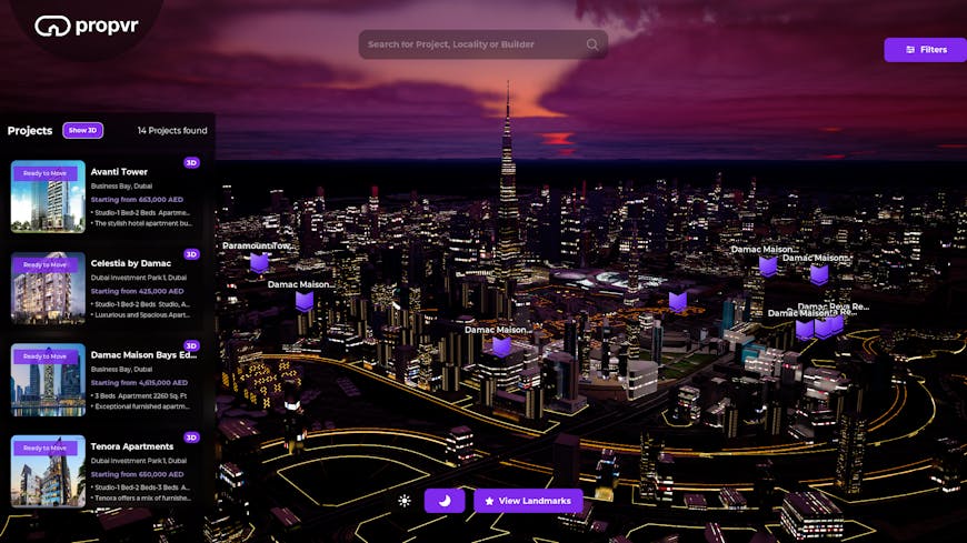 Aerial view of Dubai at night in PropVR's Cesium for Unreal app with yellow-lined roads, black buildings with white lit windows, and purple labels