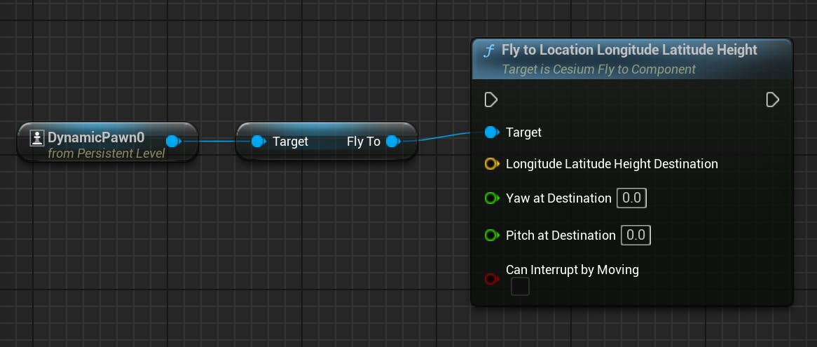 A screenshot showing the "Fly to Location Longitude Latitude Height" node after it has been added to the Blueprint.