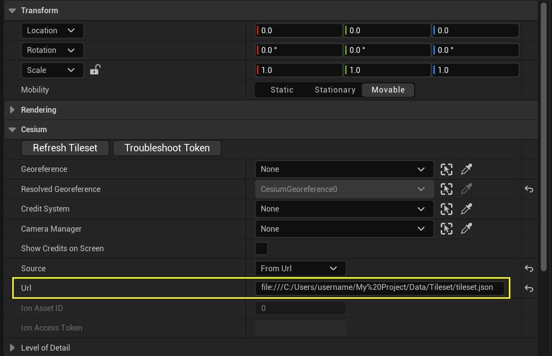 A screenshot showing the Url property in a Cesium3DTileset's Details panel populated with a file:/// URL.