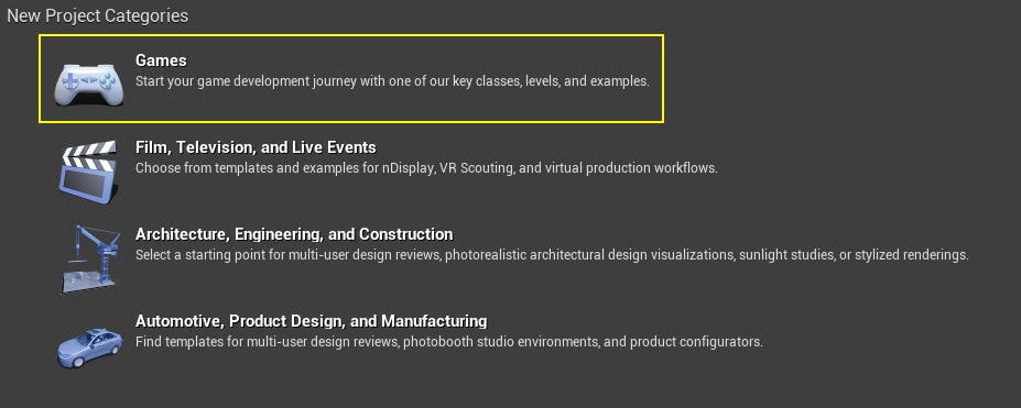 A screenshot of Unreal Engine project categories