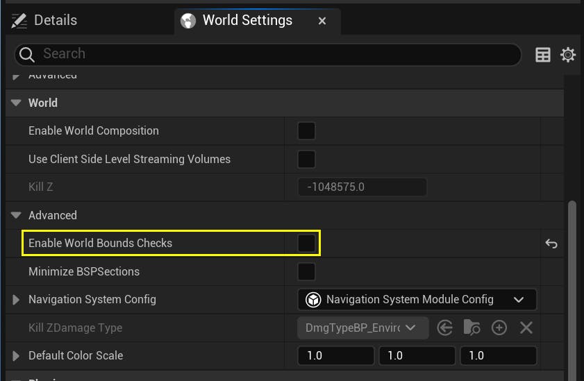 A screenshot showing the "Enable World Bounds Checks" option in the World Settings.