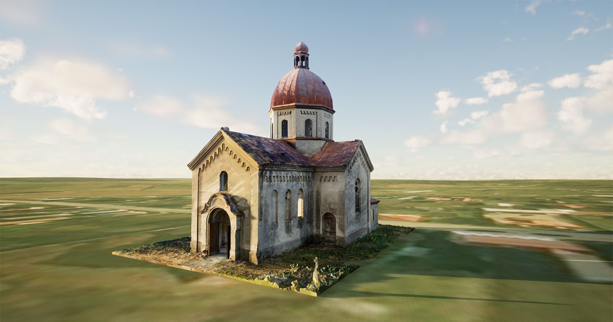 Exterior view of the historic Oleszyce Church in Poland, placed in a green field in Unreal Engine
