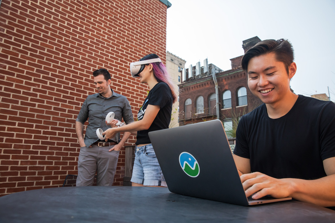 Ben, Janine, and Xuelong experiment with VR on the roofdeck at Cesium headquarters in Philadelphia