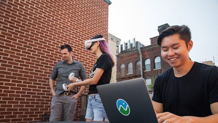 Ben, Janine, and Xuelong experiment with VR on the roofdeck at Cesium headquarters in Philadelphia