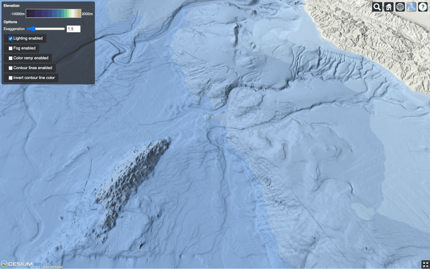 Cesium World Bathymetry off the coast of southern California, USA with Esri World Ocean Imagery