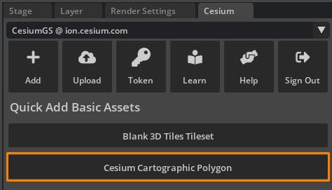 Cesium for Omniverse tutorial: tileset clipping. Click the Cesium Cartographic Polygon button in the Cesium Quick Add Basic Assets menu. 