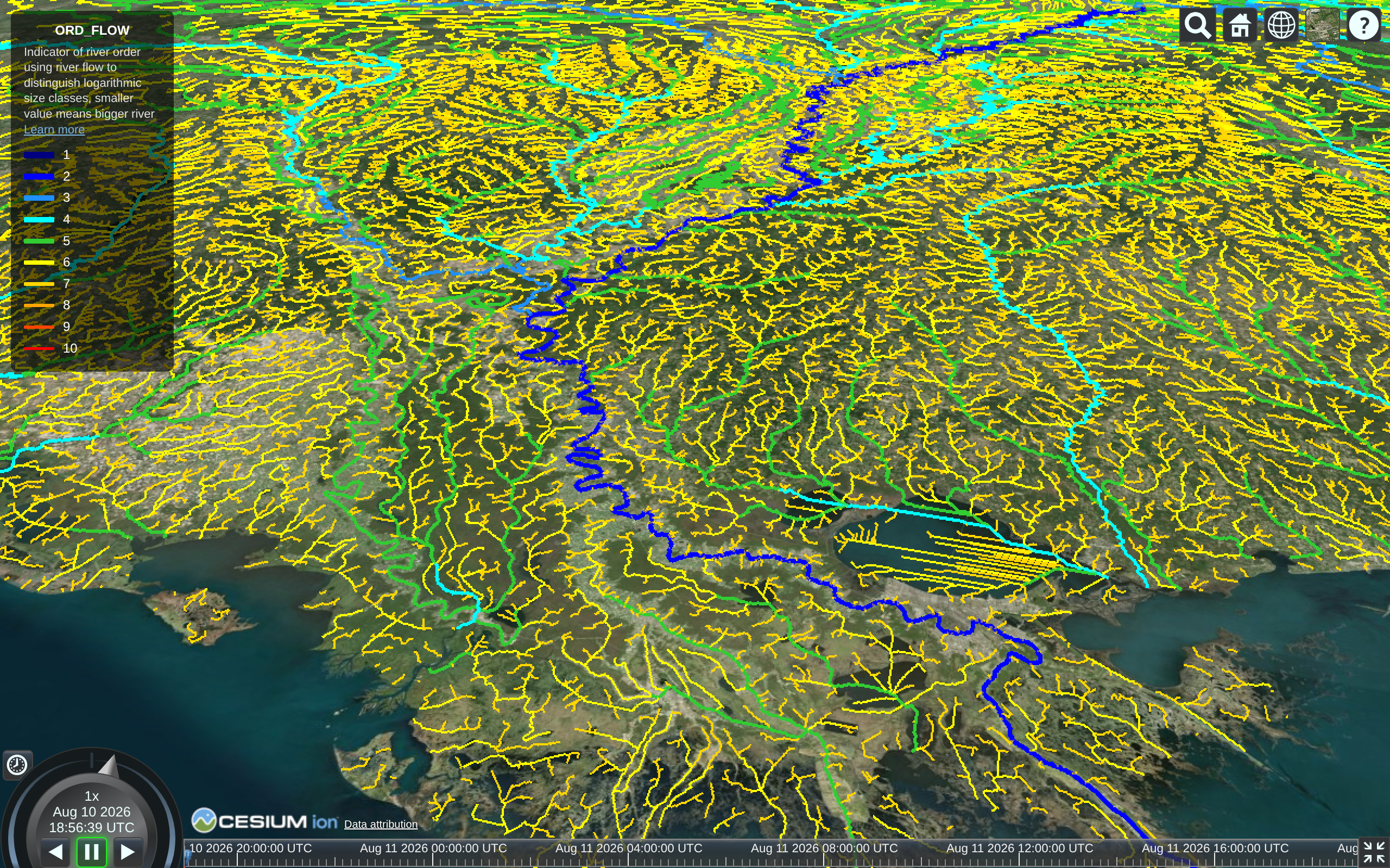 Global river flows dataset from HydroRIVER. Zoomed in at the Mississippi River.