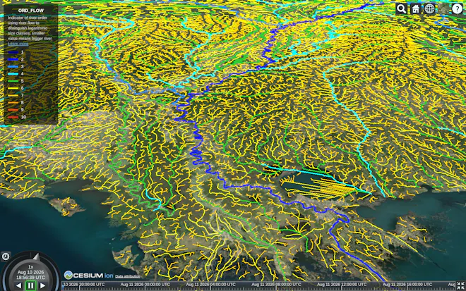 Global river flows dataset from HydroRiver. Zoomed in at the Mississippi River.