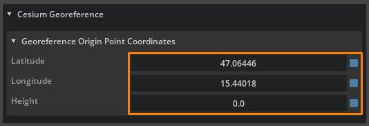 Cesium for Omniverse/Revit tutorial: In the Property window, enter the latitude and longitude obtained from EPSG.io. Enter the height value as 0.0, as our survey point represents an accurate height value with respect to Cesium World Terrain.