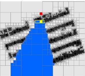 Fig 1.1: Here objects in the scene are stored in an octree. The red dot represents the camera. The occluder (yellow) casts a “shadow” (blue) that culls all the objects hidden behind the occluder. 