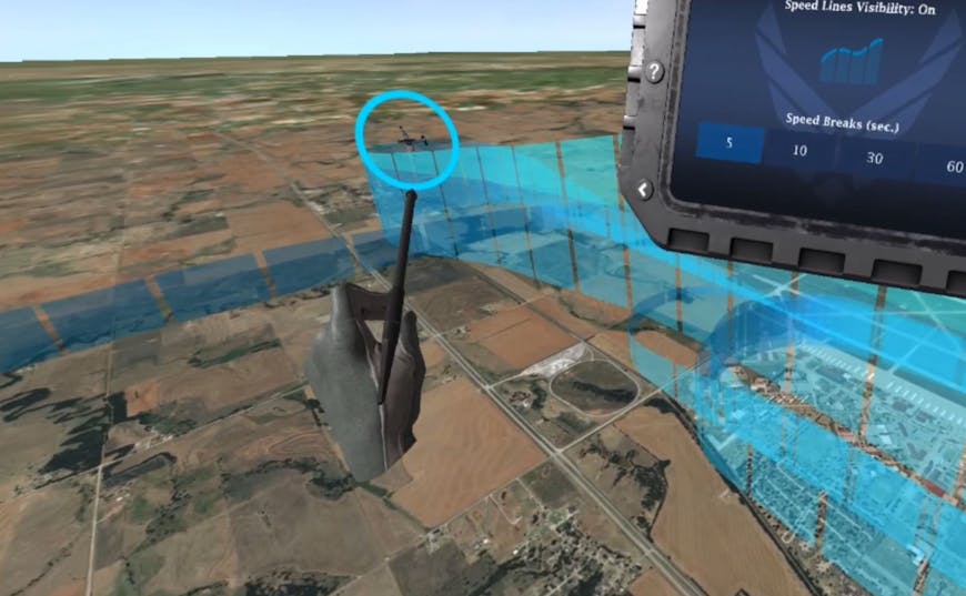 A Vertex Solutions’ standalone virtual reality (SAVR) app for instruction and learning. Bing Maps Aerial imagery accessed in Cesium ion and streamed in Unreal Engine shows real-world data of the flight locations.