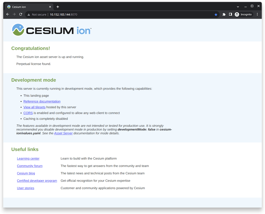 The landing page for Cesium ion Self-Hosted