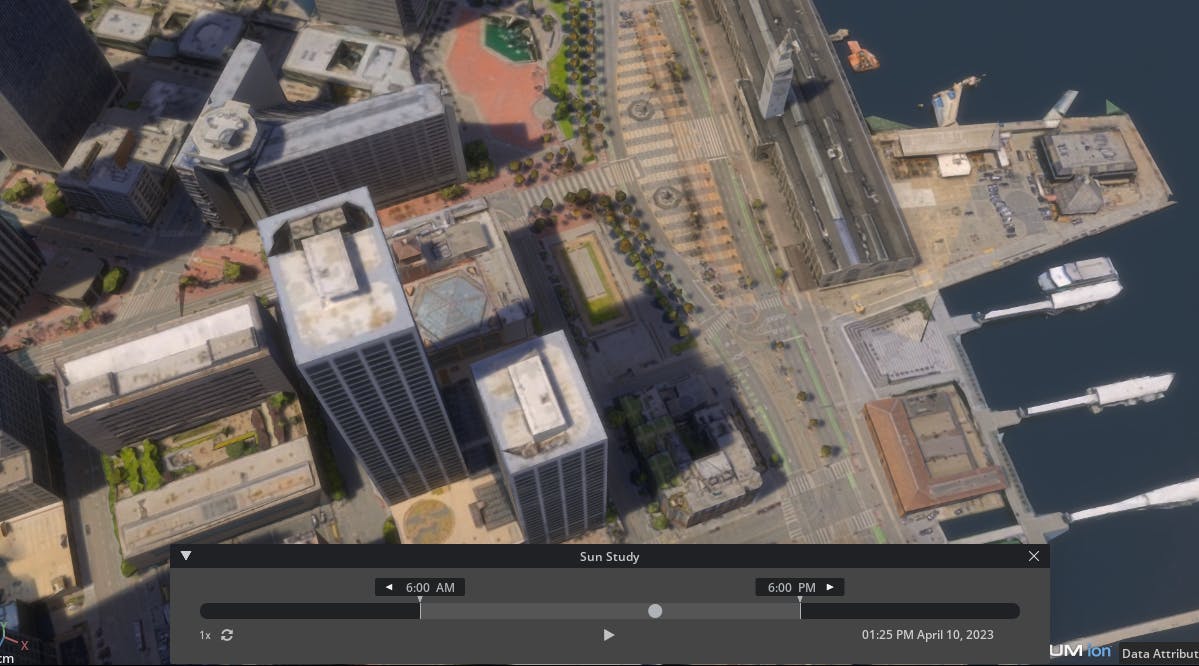 Cesium for Omniverse Dynamic Skies and Sun Study tutorial: Navigate to a location with tall buildings and move to a top-down style view. Experiment with different dates and times, and capture screenshots by pressing F10 on your keyboard. 