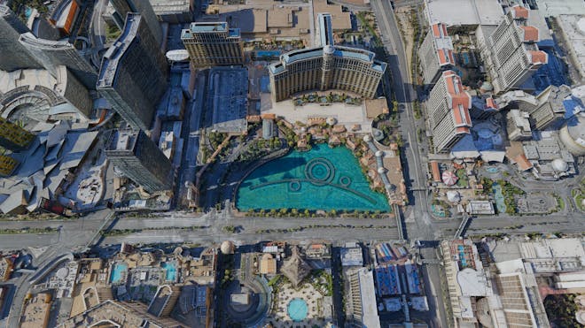 Aerial screenshot looking down on the Las Vegas Strip. Las Vegas, NV, USA. Tileset provided by Aerometrex. Created with Cesium for O3DE.