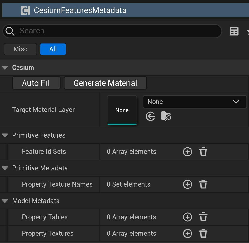 Cesium for Unreal tutorial: Visualize Mesh Features and Metadata. When the component is selected, the Details panel will display two buttons, as well as several drop-downs for listing the features and metadata present in the tileset.