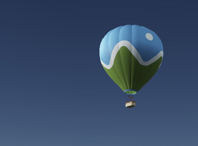 3D model of a Cesium logo branded hot air balloon against a blue sky