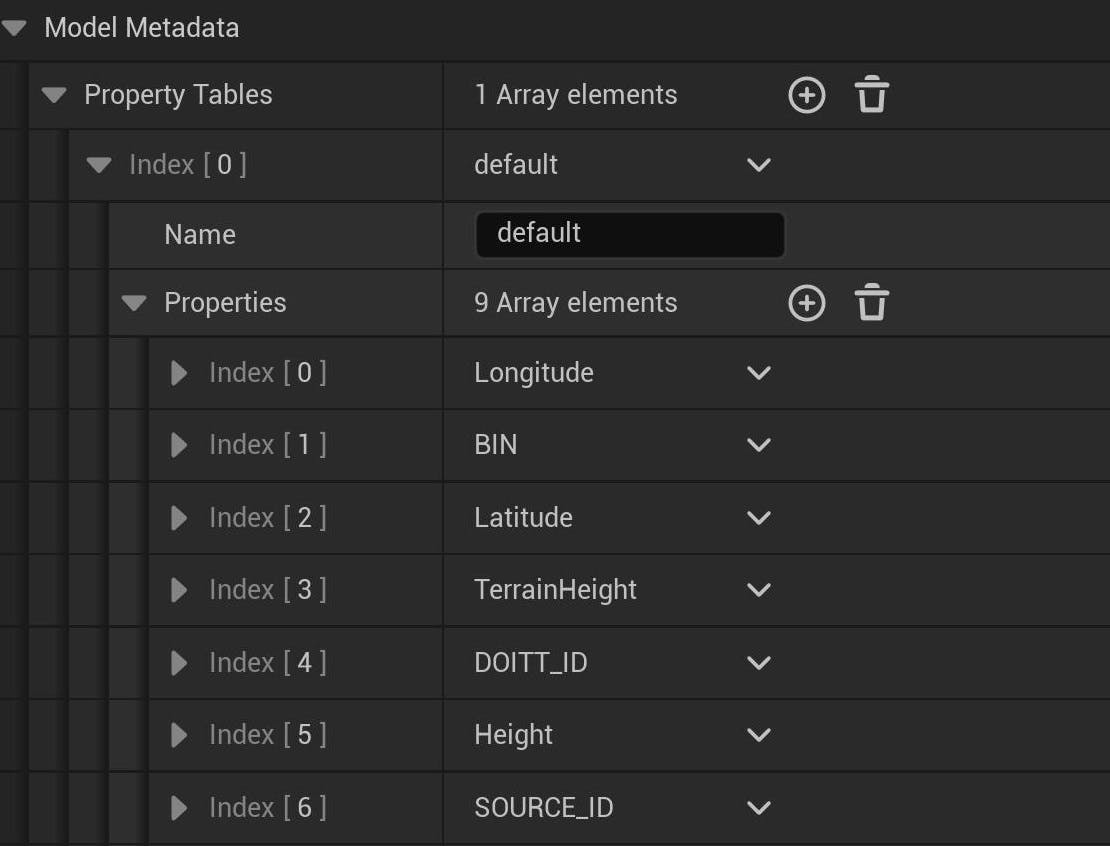 Cesium for Unreal tutorial: Visualize Mesh Features and Metadata. Property table with several properties under Model Metadata.