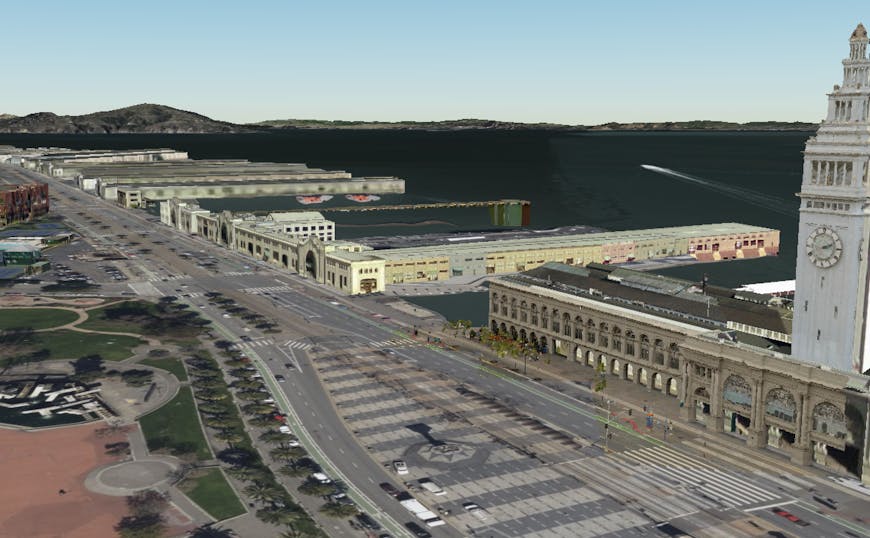 Inset of a high-resolution 3D Tileset (right) and i3S dataset (left) on Cesium World Terrain. San Francisco data courtesy of Aerometrex. 