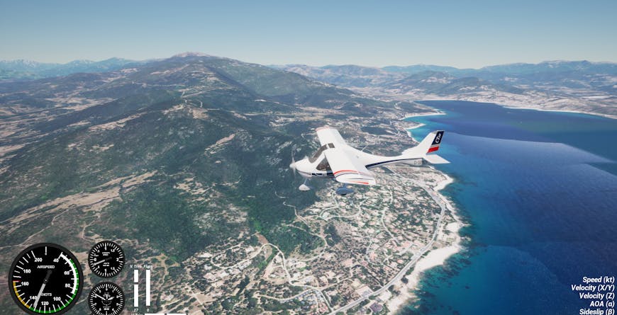 A Flight Design CTLS two-seater ultralight airplane flies over Propriano, Corsica, France.