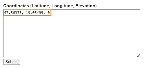 Cesium for Omniverse Graphisoft Archicad tutorial: In the coordinates box, enter the project’s latitude and longitude, followed by a height of 0.0, separated by commas. Click Submit.