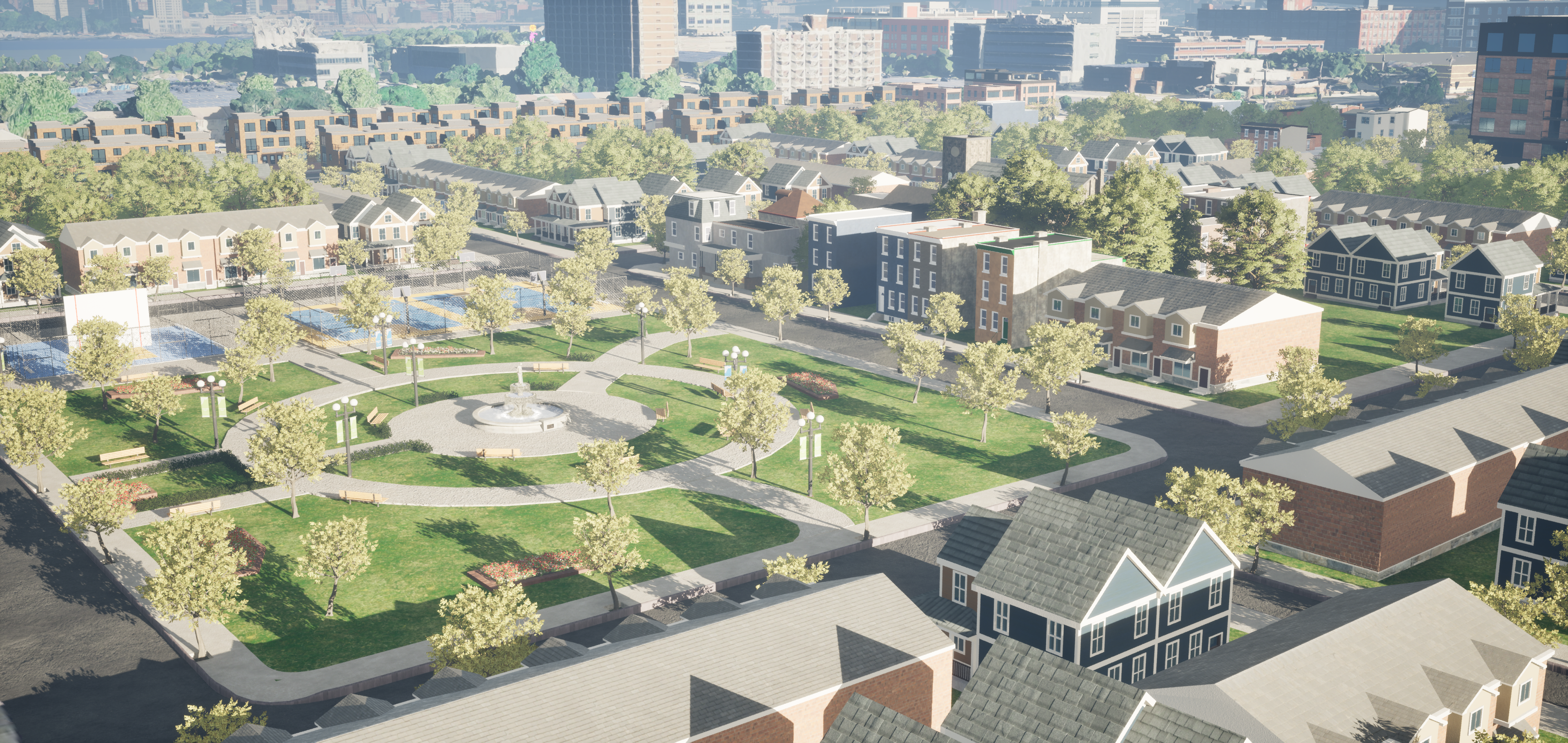 Rendering of city park in Camden digital twin built by Hopeworks in Cesium for Unreal