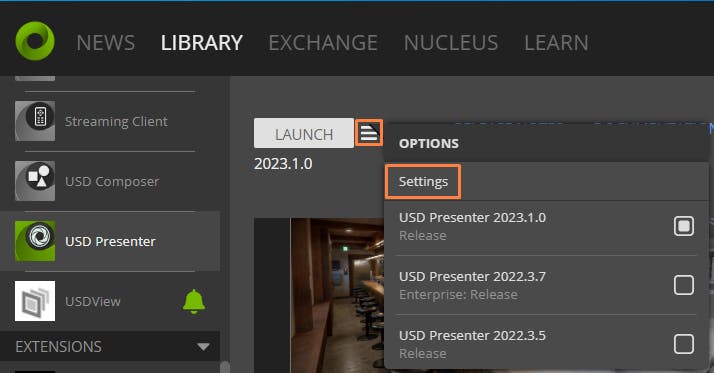 In the Omniverse launcher, go to Library > USD Presenter and open the USD Presenter Settings by clicking Options > Settings.