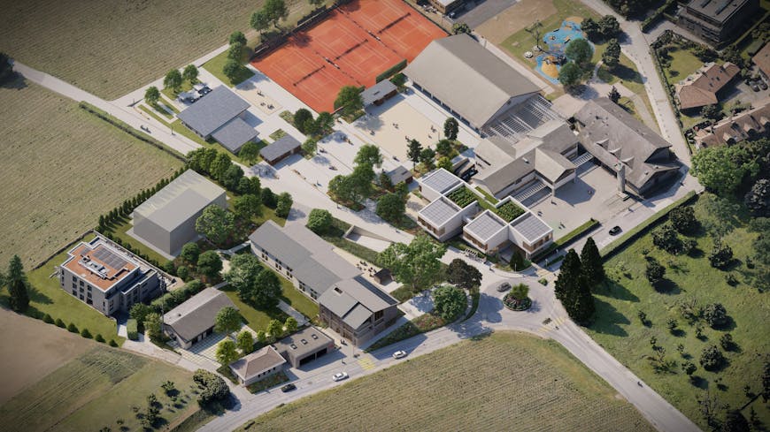 UHD 3D digital twin of a future project in Anieres, Switzerland. Buildings with gray roofs, rust-colored tennis courts, evergreen and deciduous trees.