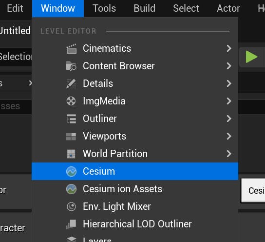 A screenshot showing the Cesium option on the Window menu.