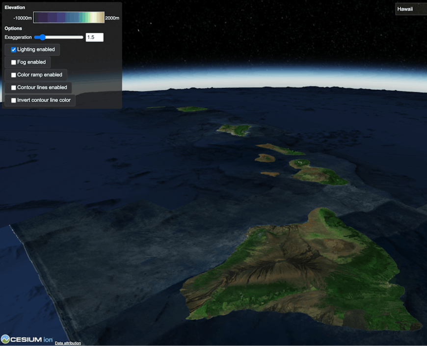Horizon view of Cesium World Bathymetry of Hawaii with no fog 