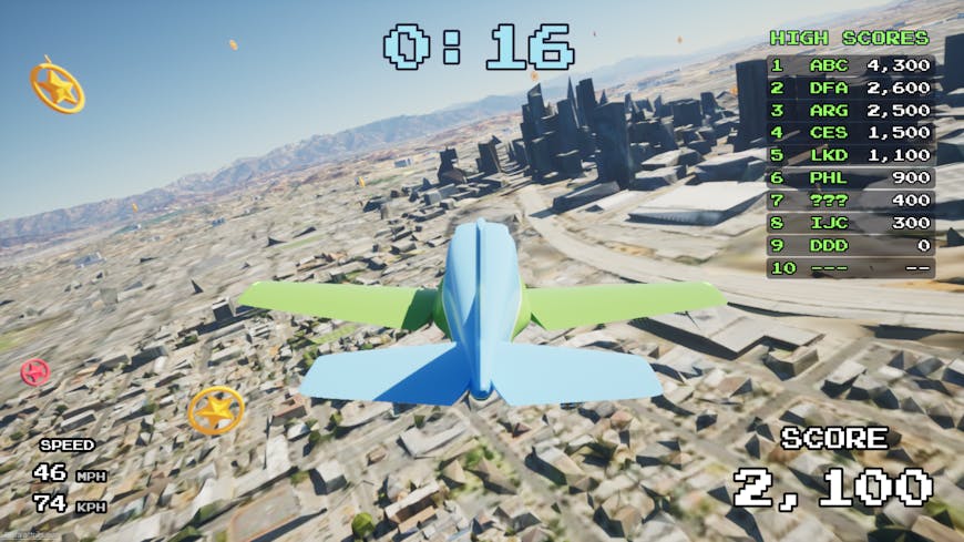 Blue fixed-wing aircraft with green wings flying above Los Angeles, California.