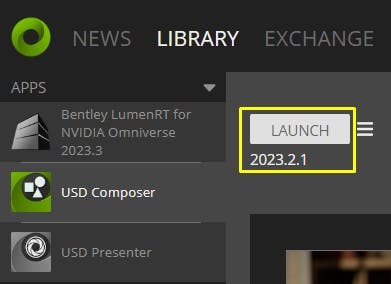 Cesium for Omniverse tutorial: quickstart. Navigate to the Library tab of Omniverse Launcher and select USD Composer from the apps list. Launch USD Composer by clicking on the Launch button.