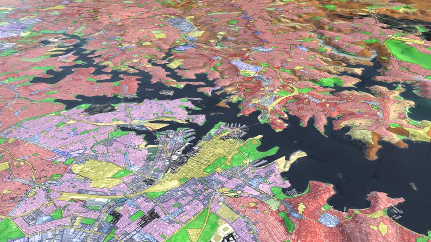 Land Zoning WMS Raster Overlay shown on Cesium World Terrain with Bing Maps Aerial imagery in Cesium for Omniverse. Courtesy NSW Department of Planning, Housing. (Licensed under CC BY 4.0.)