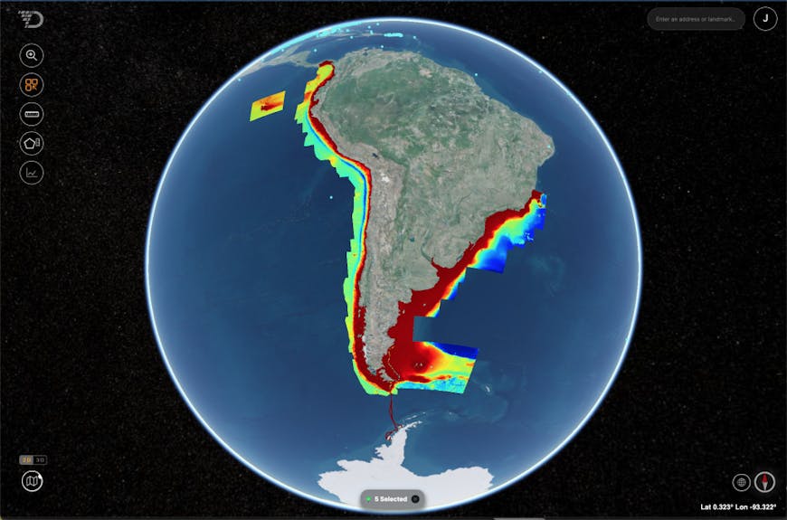 Cesium globe showing South America, with colors indicating elevation off the coasts of the continent and a route to Antarctica.