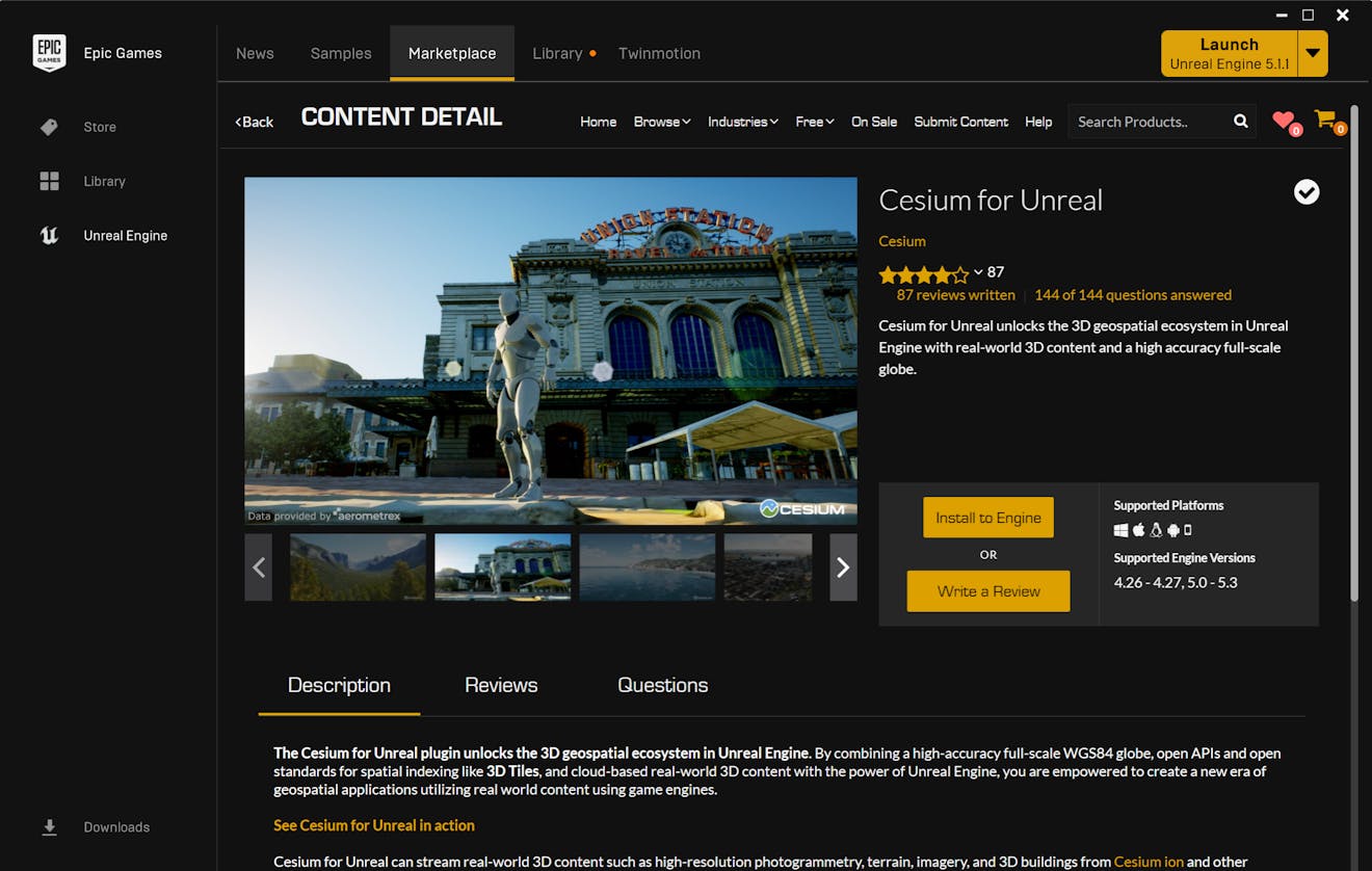 A screenshot of Cesium for Unreal in the Unreal Engine Marketplace.