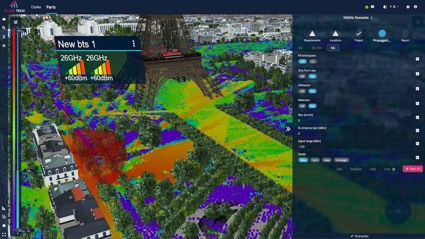 Blare Tech chose CesiumJS for its 5G tools to show large areas with accurate geospatial context and make the simulations available to anyone in the world. Pictured is Paris, France. The bottom of the Eiffel Tower is in the top-center of the photo, with red, yellow, green, and purple signal indicators and white and black buildings. Courtesy Blare Tech.