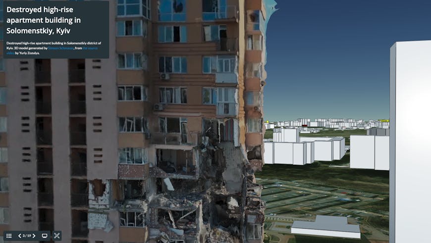 photogrammetry model of destroyed building in Kyiv shown in Cesium Stories