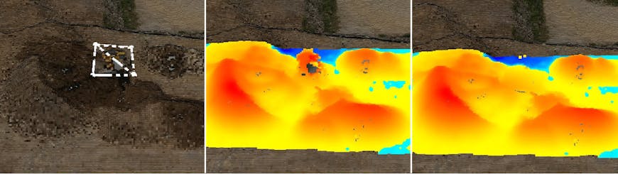 Steps to editing point clouds: identify area to flatten; volume cut & fill before edit; after edit 