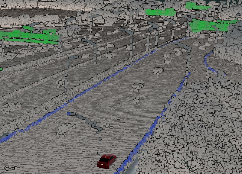 Point cloud data of Washington DC highway, classified at runtime using volumes from an independent data source indicating curbs and highway signs.