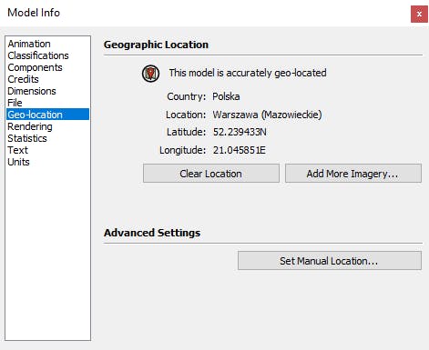 Click on the Geo-location option in the left hand list, which should display the current geolocation information for this scene. 