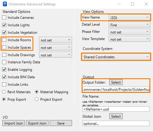 Cesium for Omniverse/Revit tutorial: Be sure the following settings are configured correctly: Include Rooms, Include Spaces, View Name, Shared Coordinates, Output Folder