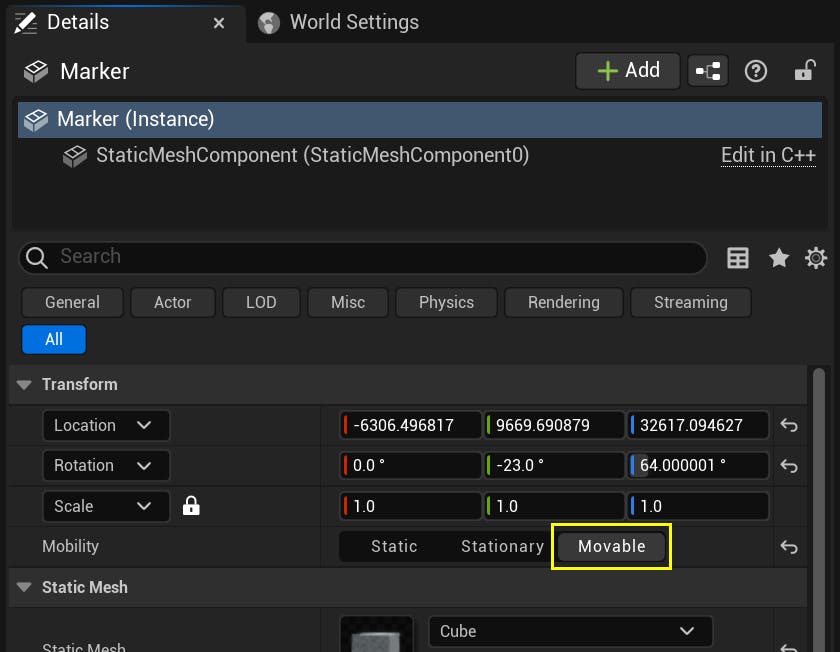 A screenshot showing the cube's Details panel with the Mobility Movable option highlighted.