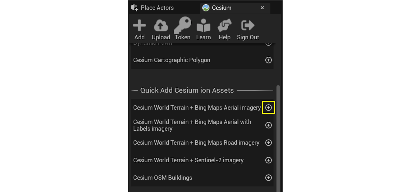A screenshot showing the Cesium panel, with the button to add "Cesium World Terrain + Bing Maps Aerial imagery" highlighted.