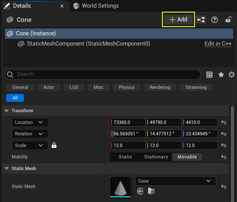 A screenshot highlighting the Add button on an Actor's Details panel.