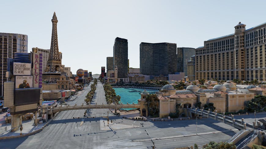 Screenshot looking down the Las Vegas Strip. Las Vegas, NV, USA. Tileset provided by Aerometrex. Created with Cesium for O3DE. 