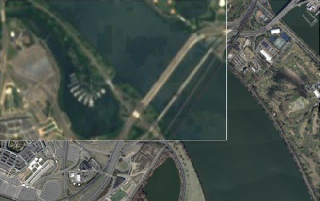 Global Sentinel-2 imagery (top left) combined with higher resolution Washington DC data (bottom).
